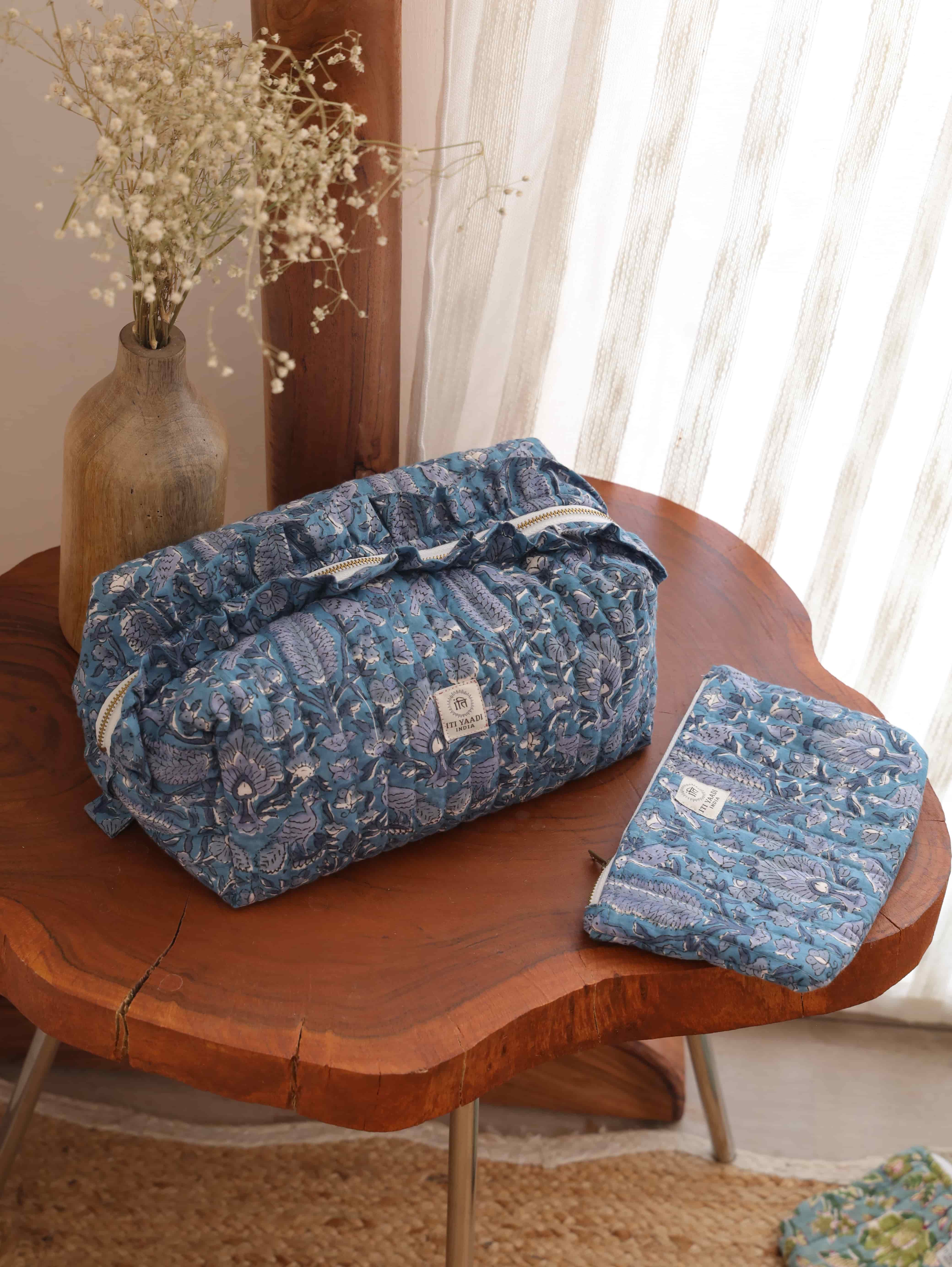 Handblock Printed Ruffle Quilted pouch set